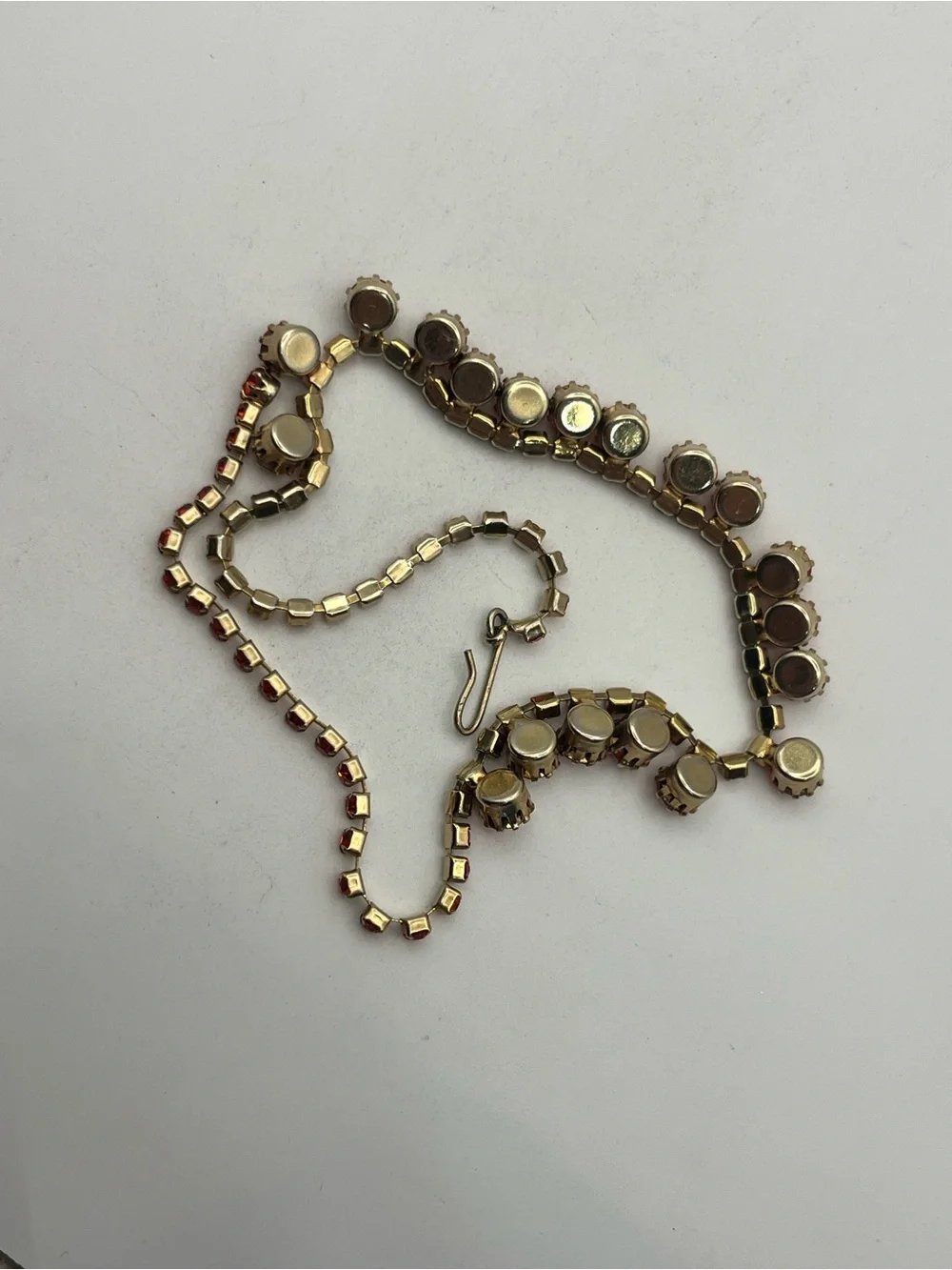 Orange rhinestone tennis necklace gold tone vintage sparkly